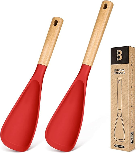 Multifunction Spoon for Nonstick Cookwares, Great for Cooking and Serving, Sturdy BPA-Free Matte Silicone, Wood Handle spoonula for Mixing, Scoop, and Scrape, Red(2 pack,11.4" & 13.4")