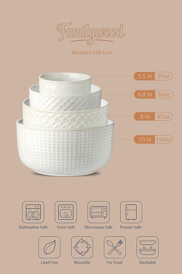 Familywood Ceramic Mixing Bowls, 27/53/84/162 oz, set of 4, Embossed large Mixing Bowl set, Serving bowls, Kitchen Dishware, Prep, Gift, Microwave and Dishwasher Safe, Modern Farmhouse Decor