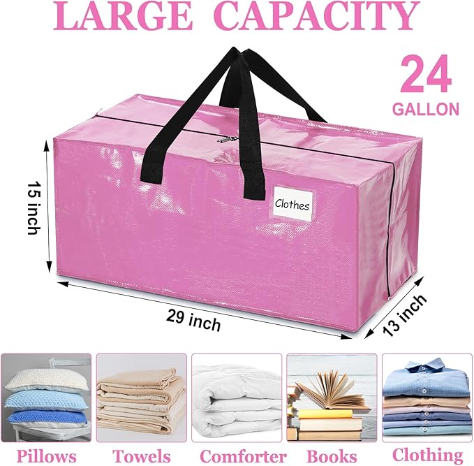 4 Pcs 24 Gallon Extra Large Moving Bags Heavy Duty Storage Bag with Strong Zipper Handle Foldable XXL Jumbo Storage Tote Packing Moving Box for College Dorm Travel Cloth Duffle (Pink)