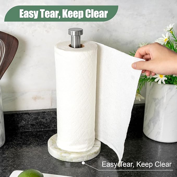 Koville African Marble Paper Towel Holder Countertop, 6" Stone Base Gold Rod Paper Towel Holder Stand for Kitchen Storage, for Standard or Jumbo-Sized Rolls