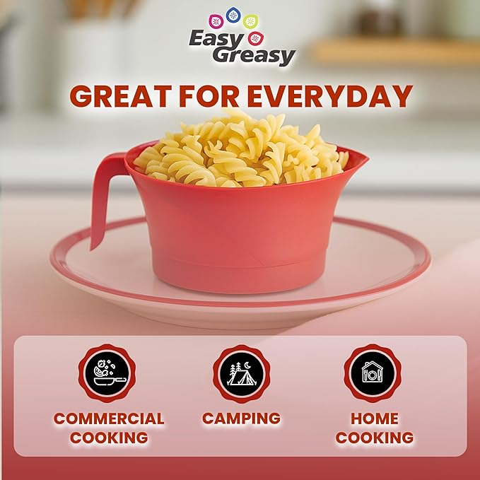 Easy Greasy Colander Grease Strainer With Handle And Container, Catch Bowl With Lid 3 Piece Strain Set | Strains Ground Beef, Bacon & Pasta | Safe Kitchen Gadget BPA Free | Made In The USA (Red)
