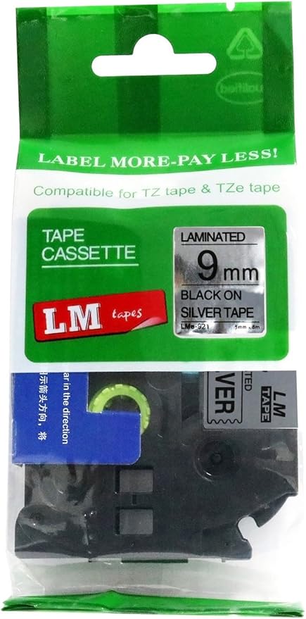 1/Pack LM Tapes - LMe921 Premium 3/8" Black Print on Silver Label Compatible with P-Touch TZe-921 Tape and Includes Tape Color/Size Guide. Replaces TZ-921 9mm 0.35 Laminated.