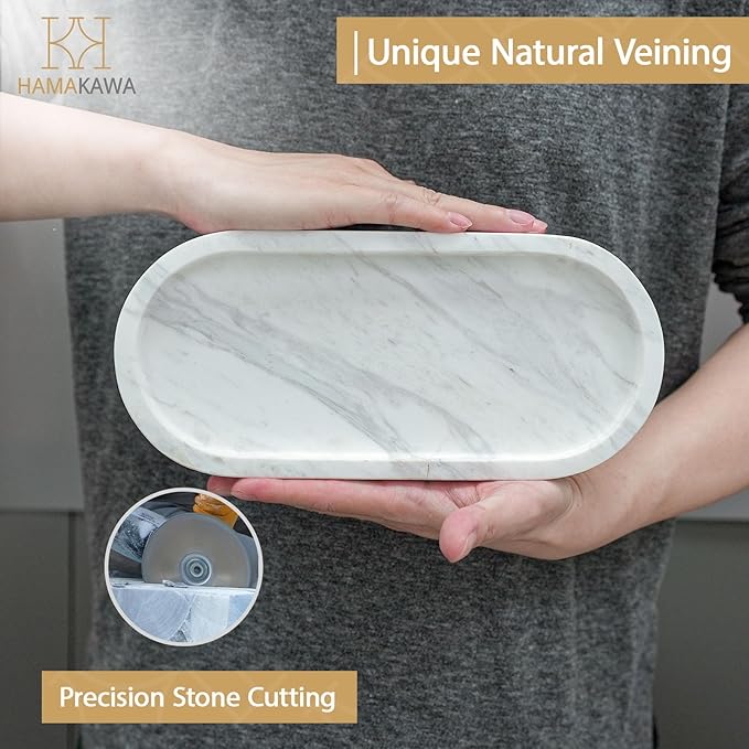 HAMAKAWA Oval Bathroom Vanity Tray, Large Natural Marble Sink Tray 10 inch, Volakas White Stone Soap Trays, Modern Perfume Trays, Countertop Organizer for Kitchen, Coffee Table, Home Decor