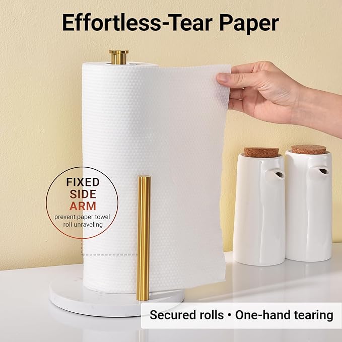 Hoooh Freestanding Paper Towel Holder for Kitchen Countertop - Non-Slip Marble Base, Brushed Gold Stainless Steel, Fits Standard & Jumbo Rolls
