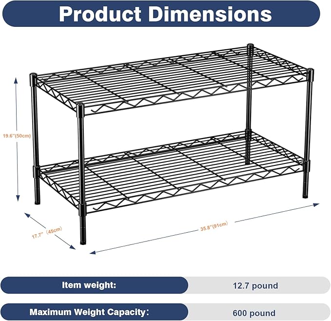 2-Tier Wire Shelving Unit,36" Wx18 Dx19.5 H,Wire Shelves Rack with Lockable Wheels,2 Shelf Height Adjustable Metal Storage for Living Room,Kitchen,Pantry,Closet,Office,Laundry