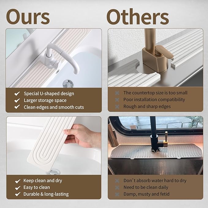 Faucet Mat for Kitchen Sink, Diatomite Stone Drying Sink Protectors, Bathroom Faucet Splash Guard, Quick Dry Water Absorbing, Non-Slip Stone Tray for Kitchen Counter, White, 23.6" x 3.9"