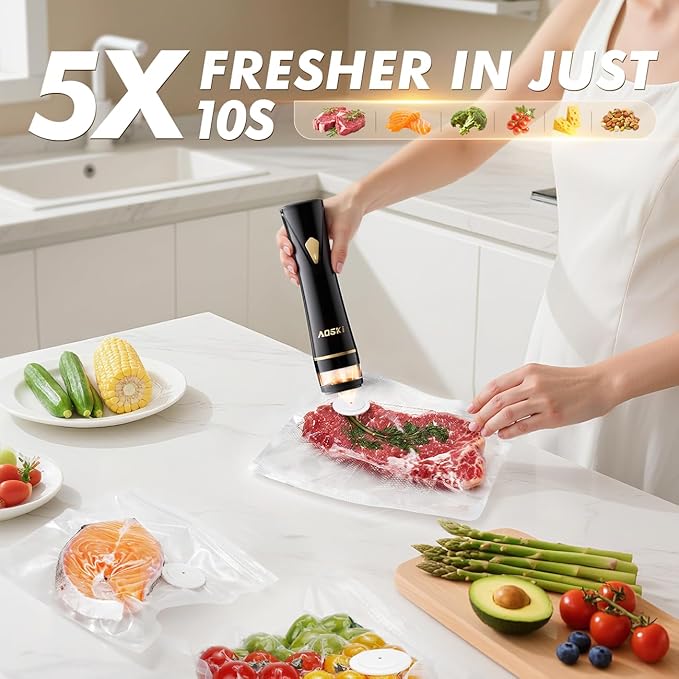 Vacuum Sealer Machine for Food Storage: Compact Food Sealer Saver 5X Fresh Longer, Handheld Detachable Water Tank, 10 PCS Vacuum Seal Bags for Kitchen Fridge Travel Seal Meal Mothers Day Gift For Wife