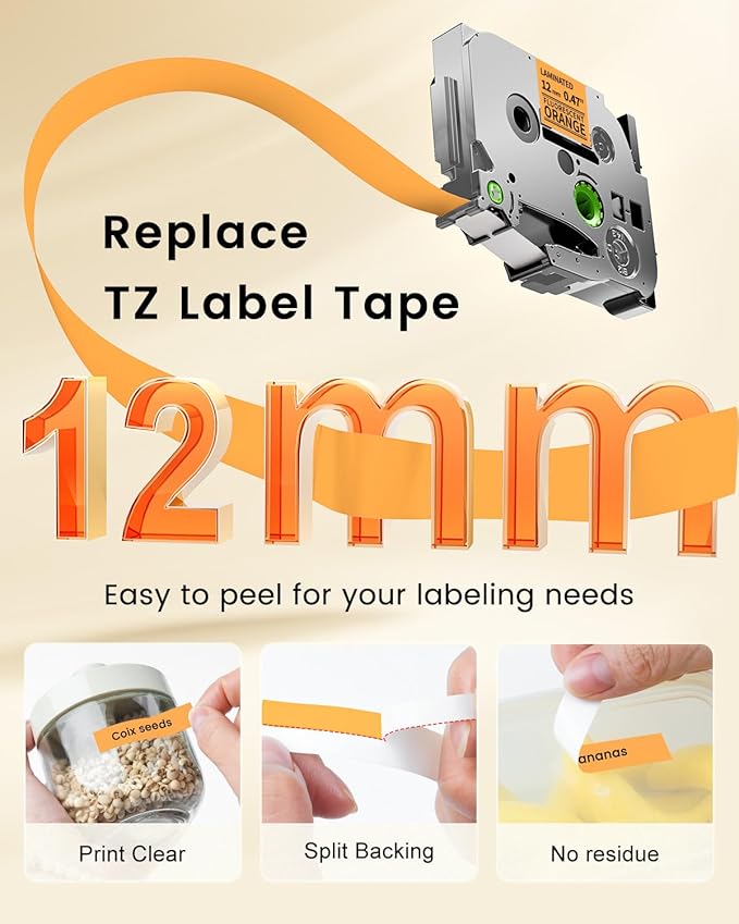 Orange Label Tape Replacement for Brother P-Touch Label Maker Tape Black on Orange TZe-B31 Tz 12mm 0.47 Laminated for Ptouch PT-D210 D220 D200 Refills, 12 mm(1 Inch) x 8m(26.2ft), 3 Pack