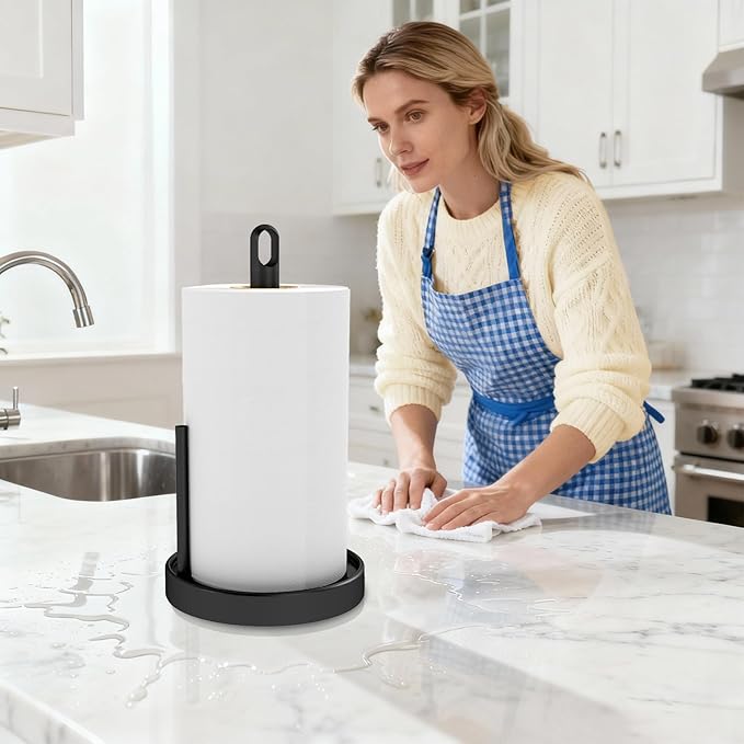 Paper Towel Holder Countertop, Black Paper Towel Stand with Portable Design and Weighted Base, Stainless Steel Heavry Duty Paper Towel Roll Holder for Kitchen Bathroom