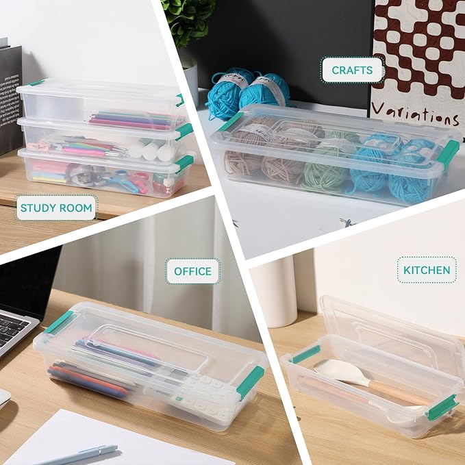 novelinks Clear Stackable Storage Bins with lid Storage Boxes Durable Plastic Organizer Containers for Home Office, Kitchen, Craft Supplies (4 Quart 8 Pack Green)