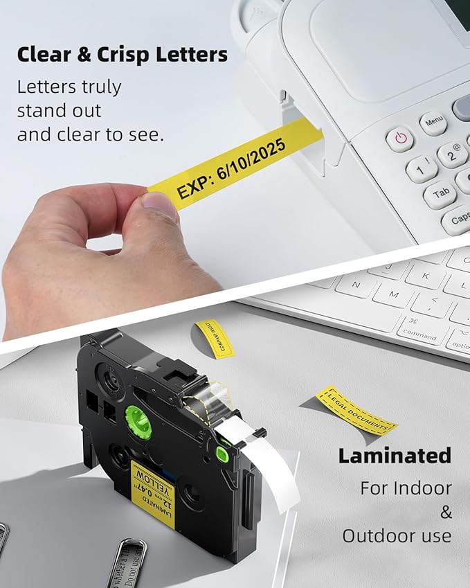 TZe-631 Black on Yellow Tape 12mm Compatible with Brother P Touch Label Maker Tape Laminated 12mm 0.47 Yellow, for PTH110 D200 D210 D220 P300BT 1090 1190 1230 1280 1290 Refills, (12 mm x 8m), 6 Pack