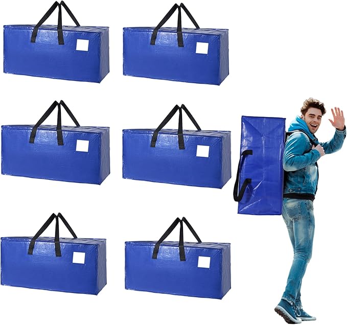6 Pack Moving Bags Heavy Duty Extra Large Storage Bags with Zippers, Handles, Backpack Straps Packing Bag for Moving College Dorm Room Essentials, Camping, Travel, Clothes 93 L 25 Gallons (Blue)