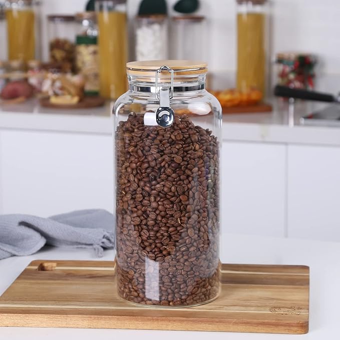 KKC HOME ACCENTS Glass 2 lb Whole Bean Coffee Glass Container with Airtight Hinged Bamboo Lids,32 Ounce Coffee Beans Glass Canisters,Large Sealed Glass Storage Jars for Flour,Sugar,Nut,Pasta,Cereal