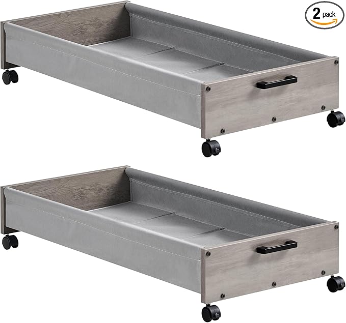 Under Bed Storage with Wheels, Wooden Under Bed Drawers On Wheels, Rolling Under Bed Shoe Storage, Space Saving,Grey,50L