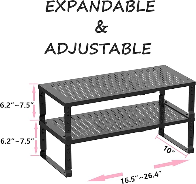 Asiingkel Metal Stackable Expandable Storage Shelf - Multi-Functional Home Storage Shelf, Suitable for Kitchen, Cabinet，Bathroom, Office, Garage, etc.（2PACKS/Black/Large