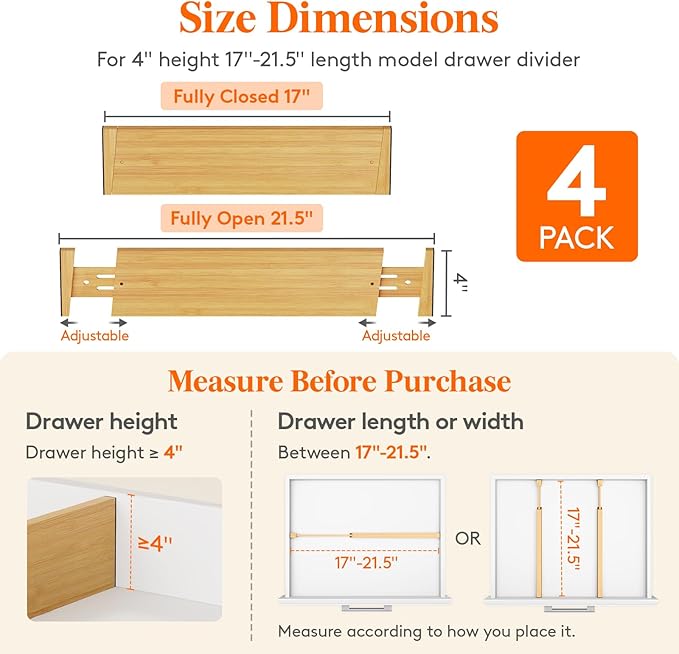 Lifewit 4 Pack 4" High Bamboo Drawer Dividers, 17-21.5" Adjustable Drawer Organizers for Clothes, Wood Dresser Drawer Divider, Expandable Deep Drawer Separators for Dresser, Kitchen, Bedroom, Bathroom
