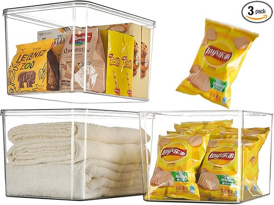 GUMEIGODA Clear plastic storage bins with LIDS-3packs,storage containers for snacks, cosmetics, books, dog food, Storage Organizer for Nursery，Kitchen, Living room,Bedroom, Bathroom, Office