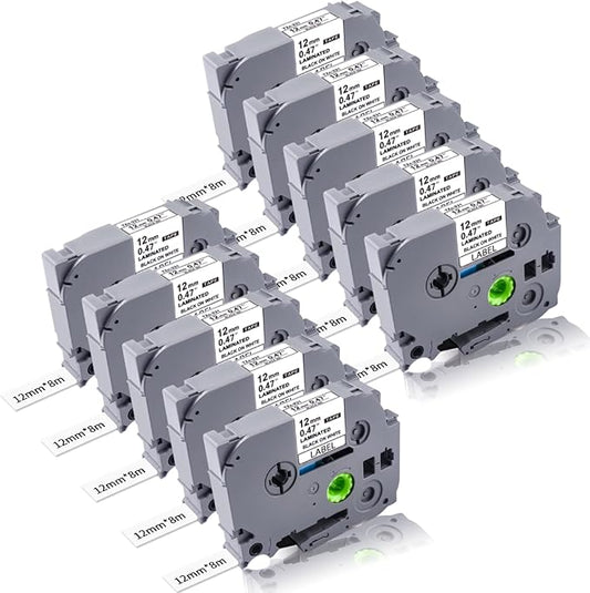 TZe-231 12mm 0.47 Laminated White Tape TZe Compatible with Brother P Touch Label Tape 12mm Label Maker Tape TZe231 Black on White for Brother PT-H110 PTD210 D220 D400 D460 D600 10 Packs