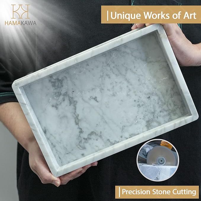 HAMAKAWA Large Natural Marble Bathroom Vanity Tray 12 inch, Carrara White Stone Jewelry Tray, Rectangle Sink Trays, Modern Tank Trays, Countertop Organizer for Soap Dispenser, Kitchen, Home Decor