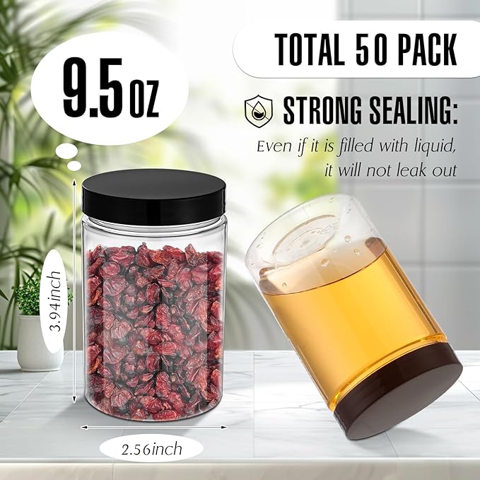 Mifoci 50 Pcs 9.5 oz Clear Plastic Jars Containers Wide Mouth Food Storage Jar for Kitchen Dry Food Butter Honey Cosmetics Cream, Black and Brown(2.56''l x 3.94''h)