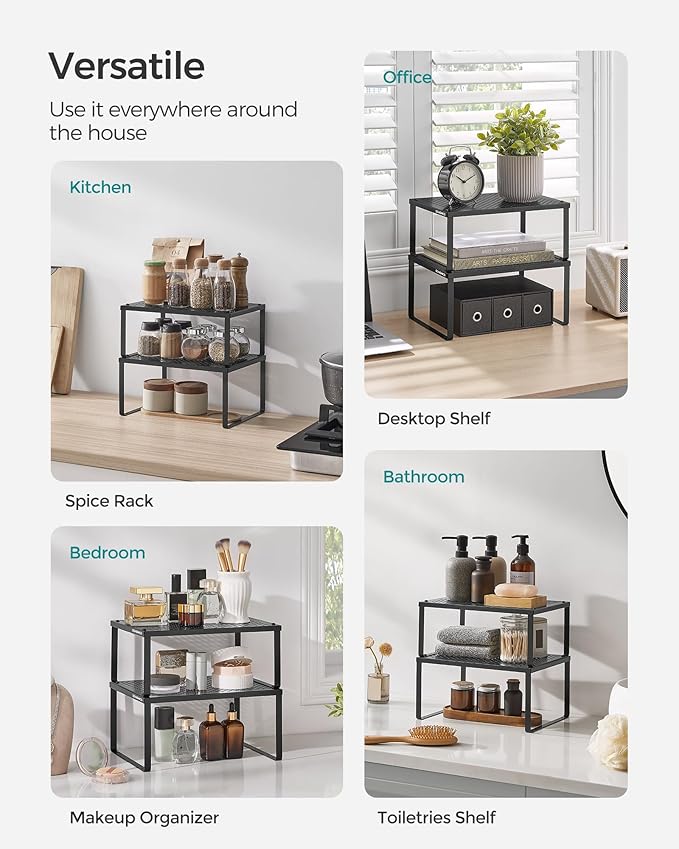 SONGMICS Spice Racks, Set of 4 Metal Cabinet Shelf Organizers, Countertop Organizers, Shelf Risers, Stackable, Expandable, Ink Black UKCS006B01