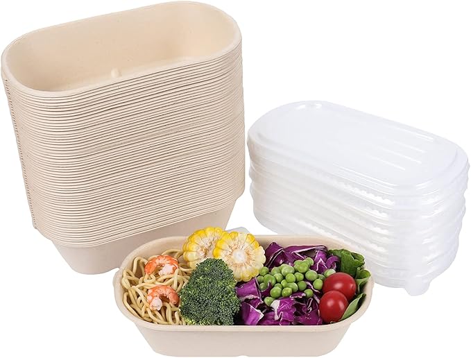 JAYEEY 34 oz Disposable salad bowls with lids, Sugarcane Fiber Paper Bowls take away food containers meal prep food storage deli container 50 Pack