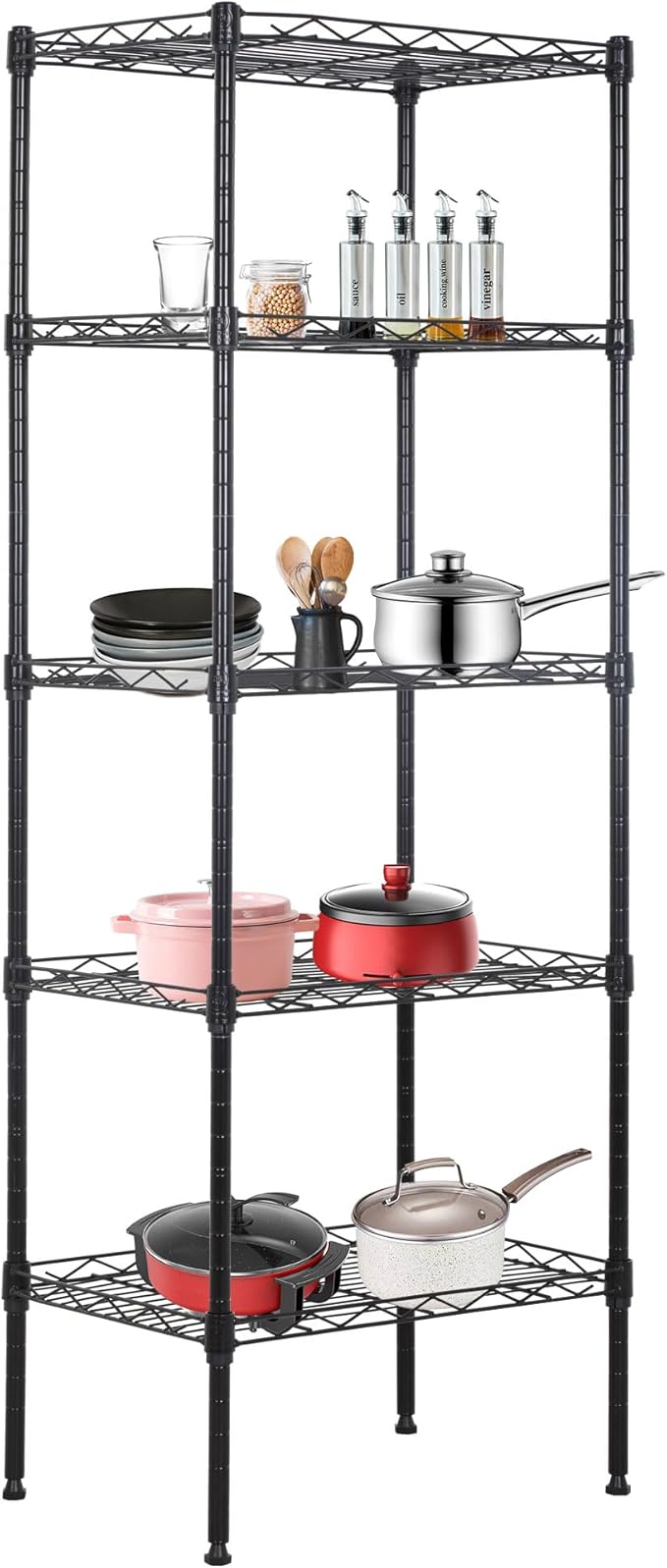 BestOffice | 5-Tier Wire Storage Shelves | 17x12x48 | Black | with Adjustable Racks | Heavy-Duty Metal Shelf, Holds Upto 750 lbs | No-Tool Assembly | Ideal for Home & Garage Shelving