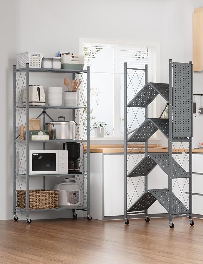 ALANNG 70.7" H Metal Storage Shelves, 5 Tier Folding Shelf on Wheels, Heavy Duty, No Assembly, Rolling, Collapsible Rack Unit for Kitchen, Basement, Pantry (Gray,3 Pack)