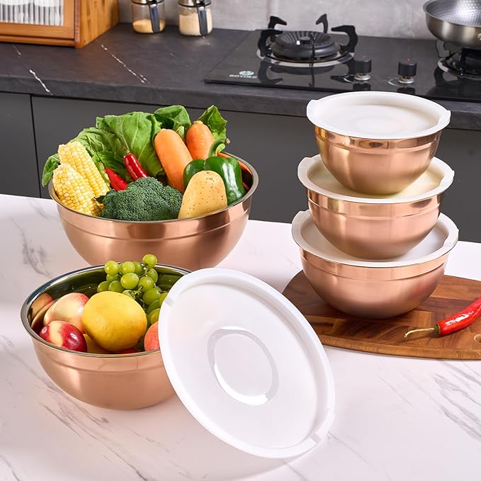 Moxinox Rose Gold Mixing Bowls with Airtight Lids, Stainless Steel Nesting Mixing Bowls Set of 5, Ideal for Baking, Prepping and Serving Food, Size 5.5, 3.6, 2.7, 2.1, 1.5, QT, Stackable Design