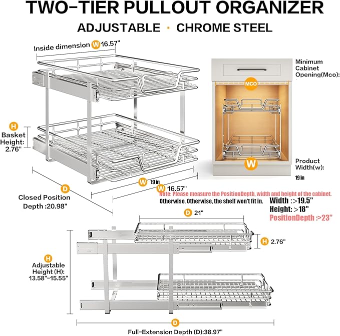 QUYUWU 2-Tier Kitchen Cabinet Pull Out Shelf and Drawer Organizer Slide Out Pantry Storaqe Basket in Multiple Sizes (19" W x 21" D)