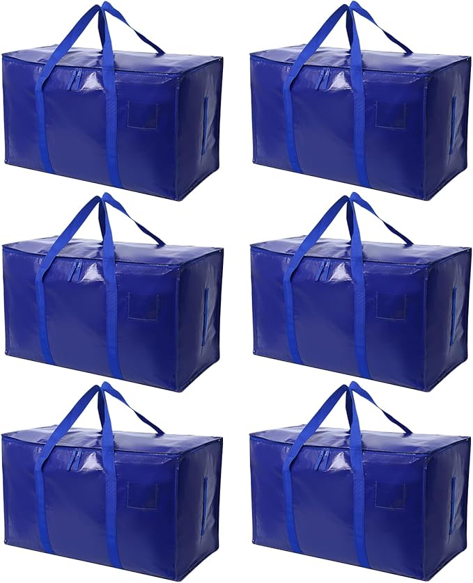 6 Pack Moving Bags Heavy Duty, Extra Large Moving Bags, Moving Supplies, Storage Bags with Handles and Zippers, Waterproof Totes for Storage Space Saving Packaging Shipping and Travel(Blue)