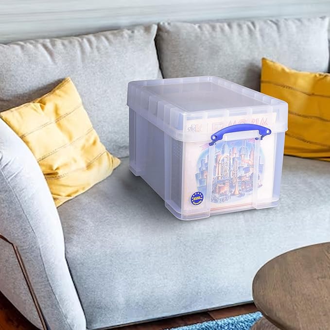 Really Useful Box 35 Liters Transparent Storage Container with Snap Lid and Clip Lock Handle for Lidded Home and Item Storage Bin, 6 Pack