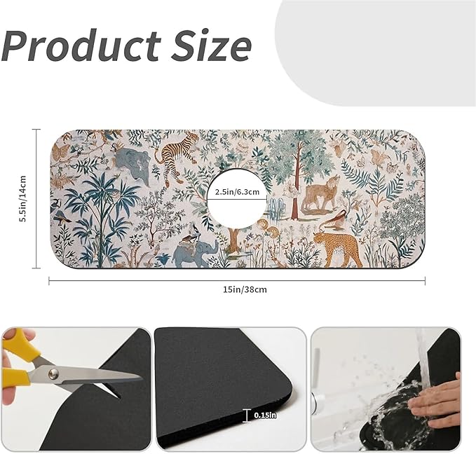 Kitchen Sink Splash Guard，Animals in jungle Faucet Mat Sink Gadgets-Super Absorbent Fast Drying Mat Drip Catcher for Kitchen, Bathroom,Sink Mat, Dish Drying Mat, Bathroom(15" X 5.5" )