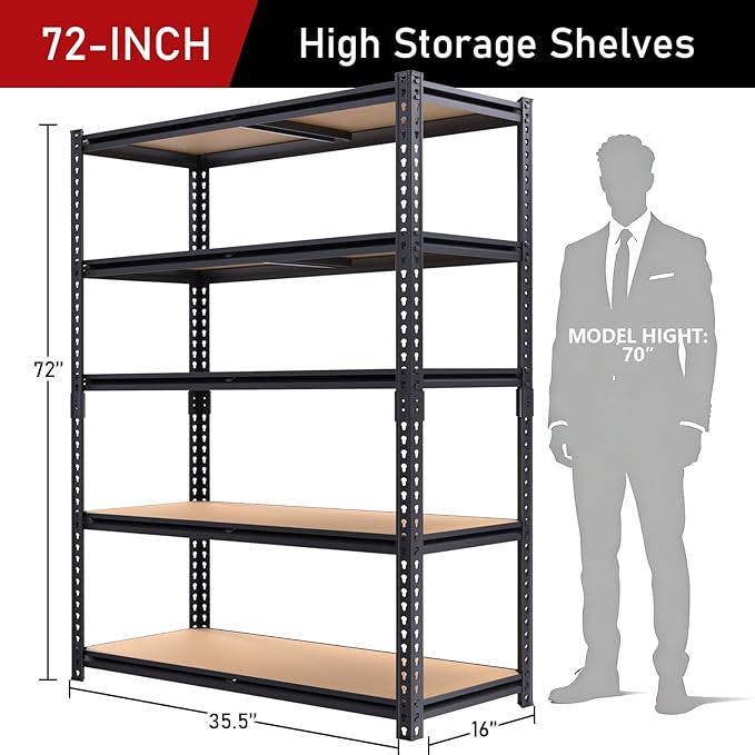 72" H Garage Shelves,Storage Shelves Heavy Duty,2400LBS Heavy Duty Garage Shelving,Adjustable 5 Tier Shelving for Garage Storage,Warehouse,16"x35.5"x72"