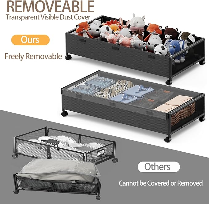 KITHELP Underbed Storage Containers with Wheels, Large Under Bed Drawers on Wheels with Removable Lids, Rolling Shoe Organizer Under Bed Storage Dresser Metal Drawers for Clothes Toys Blankets (2PACK)