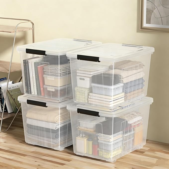 50L Stackable Storage Bin with Lid, Plastic Container with Heavy Duty Latches to Organize, Clear, 4-Pack