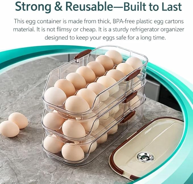 3-Tier Egg Dispenser for Refrigerator, Rolling Egg Organizer with Time Tracker, Stackable BPA-Free Egg Container Holds 42 Eggs, Fresh Egg Holder for Countertop Storage