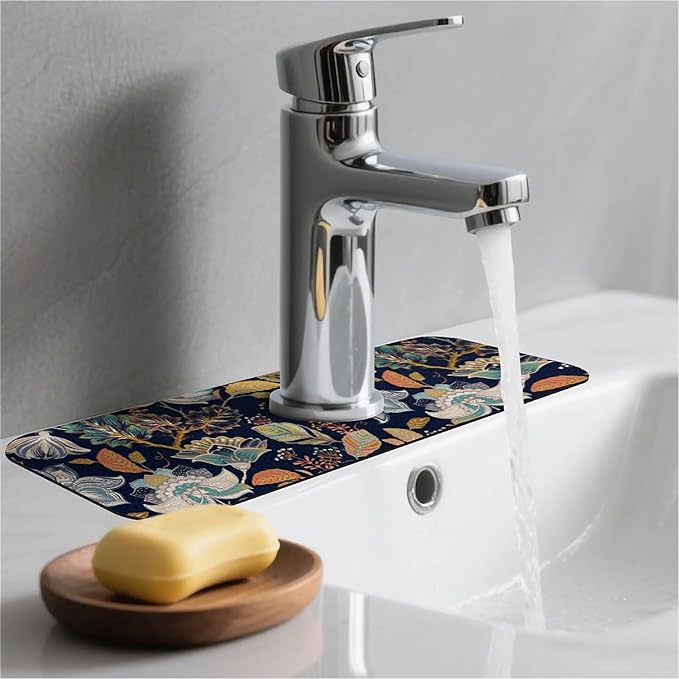 Kitchen Sink Splash Guard，Colorful flowers leaves Faucet Mat Sink Gadgets-Super Absorbent Fast Drying Mat Drip Catcher for Kitchen, Bathroom,Sink Mat, Dish Drying Mat, Bathroom(15" X 5.5" )
