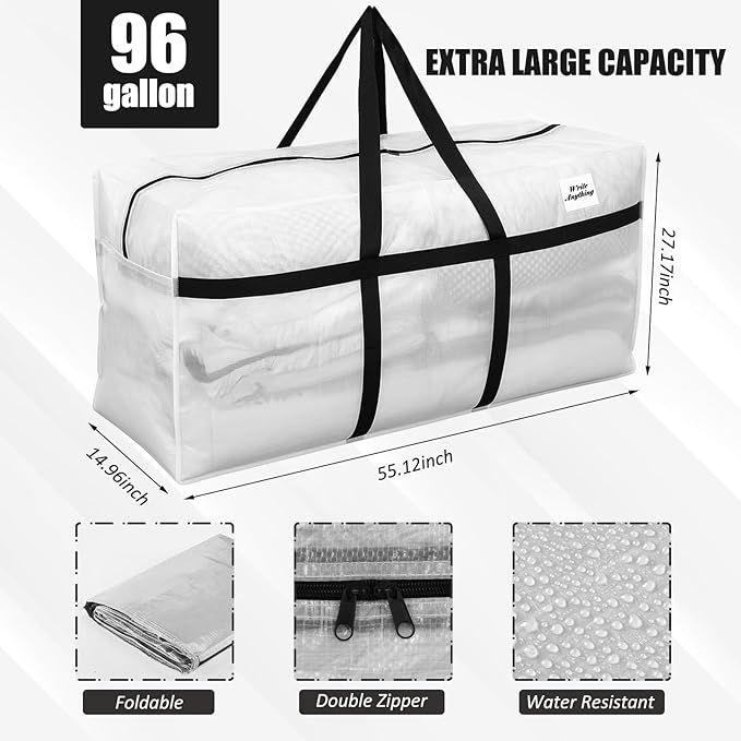 4 Pcs 96 Gallon Extra Large Moving Bags Heavy Duty Storage Bag with Strong Zipper Handle Foldable XXL Jumbo Storage Tote Packing Moving Box for College Dorm Travel Cloth Duffle (Clear)