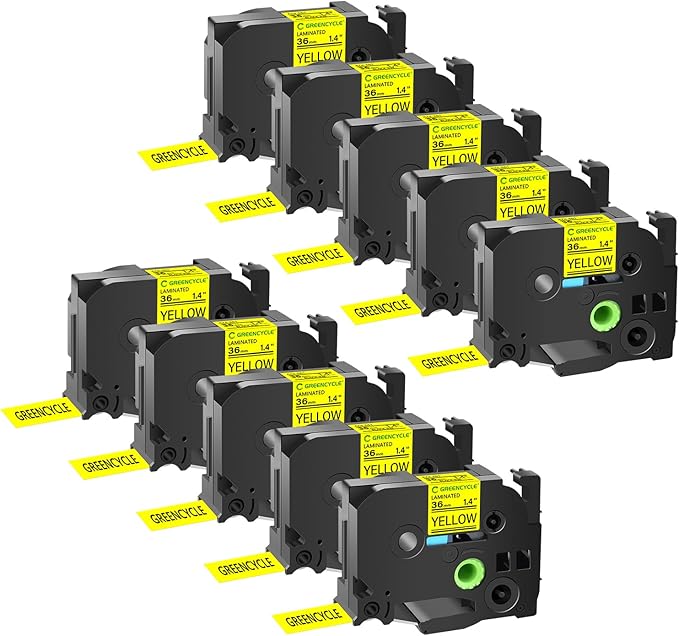 GREENCYCLE TZe-661 36mm 1.4 Laminated Yellow Tape Compatible for Brother P-Touch Label Maker Tape TZe661 TZ-661 Black on Yellow TZe TZ Label for Ptouch PT-910BT P900W P950W 530 550, 10 Pack