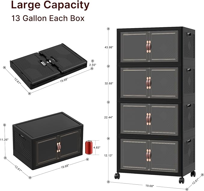 Extra Large Stackable Storage Bins with Lids & Wheels, 440QT-55QT/30GAL*8Pack Foldable Collapsible Closet Organizers Dark Storage Cabinet with Doors for Bedroom Dorm