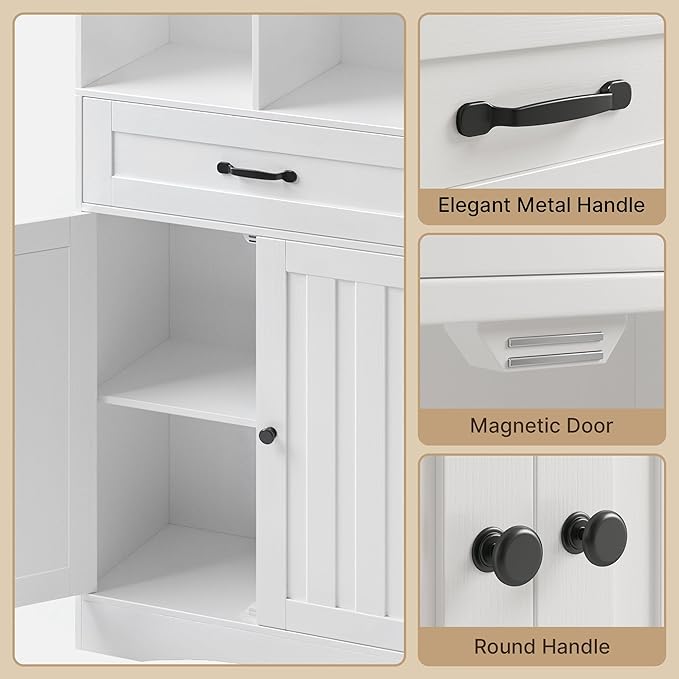 Gizoon Storage Cabinet, 71'' H Bathroom Storage Cabinet with Doors & Drawers, Kitchen Pantry with Adjustable Shelves, Anti-tip, Metal Handle, for Living Room, Office, Bathroom, White