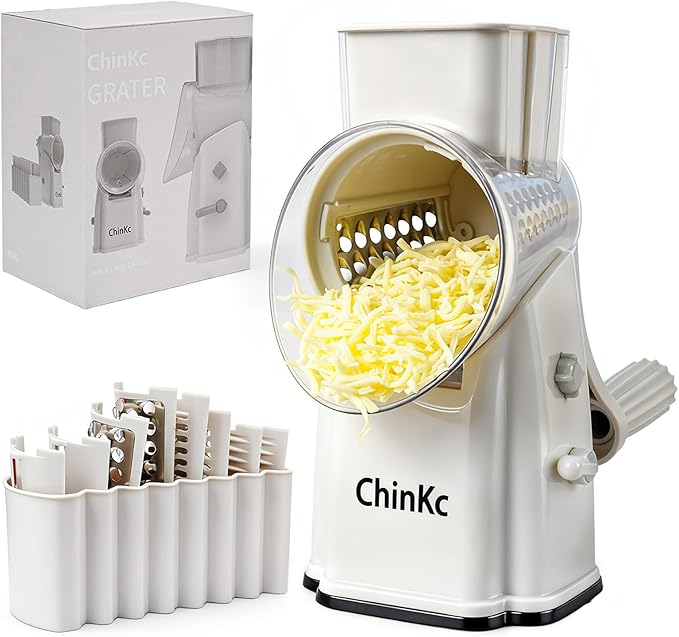 ChinKc Upgrade Rotary Cheese Grater Shredder with Handle, Strong Suction Base, Multi-purpose Rotary Grater Slicer with 5 Interchangeable Blades for Ice, Vegetables, Fruit, Nuts with Blade Storage Box