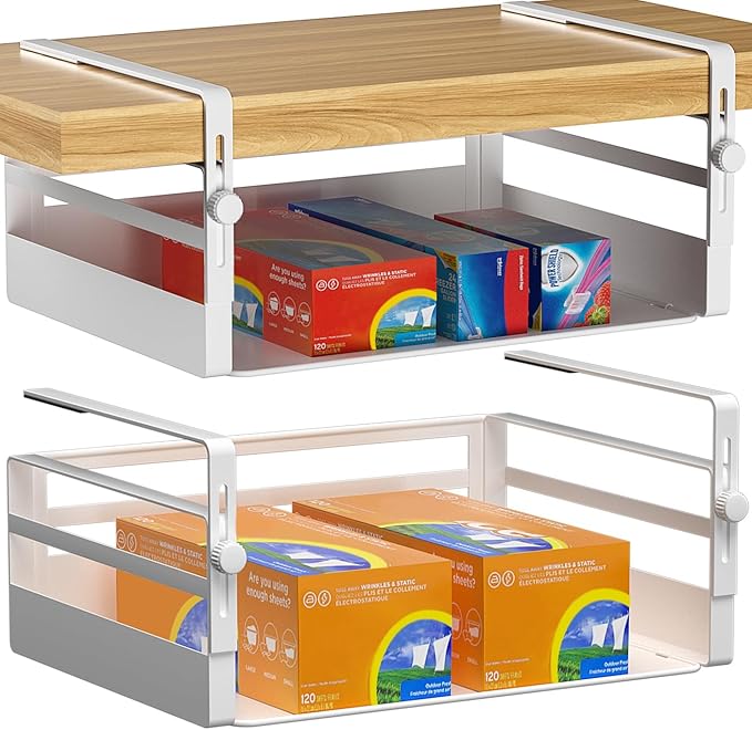 2 Pack Under Shelf Storage Basket Organizer,Adjustable Hanging Under Cabinet Add-on Storage Racks Slide-in Baskets Organizer for Laundry Room Kitchen Pantry Desk Bookshelf, White