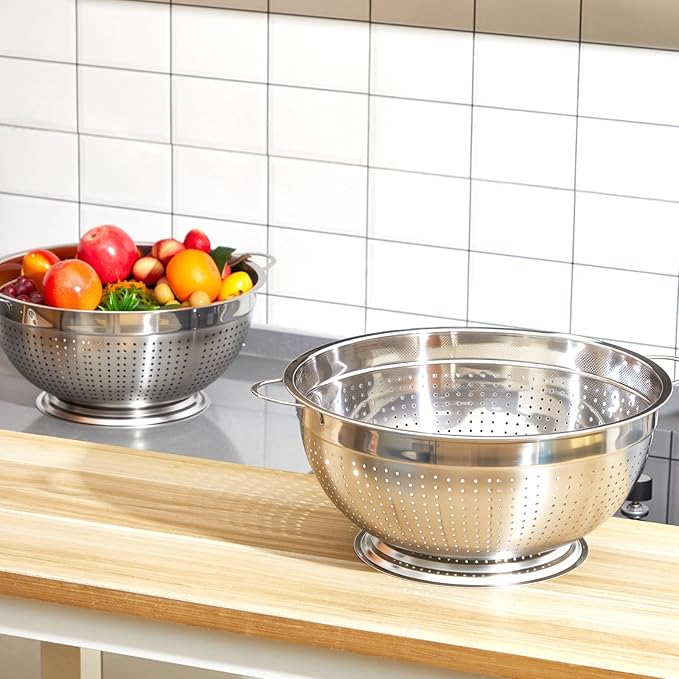 Maxdot 2 Pack 12 Quart Heavy Duty Stainless Steel Colander with Footed Base and Handles Pasta Spaghetti Berry Fruit Vegetable Kitchen Food Strainer Basket(37.9 cm/14.9 inch)