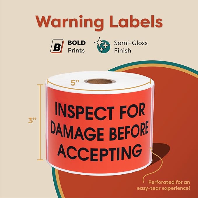Aegis Adhesives - 3" X 5" Inspect for Damage Before Accepting Labels - Red Shipping Stickers with Permanent Adhesive (1 Roll, 500/Roll)
