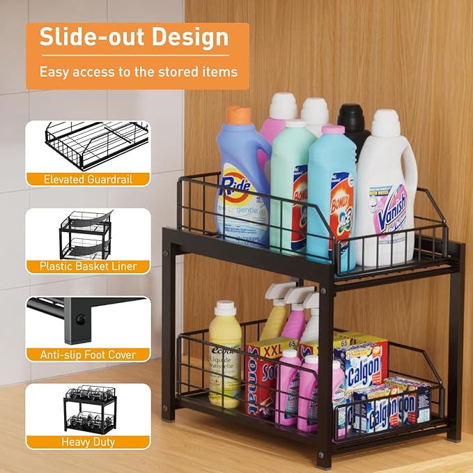 Lxmons 2 Tier Sliding Basket Drawer Organizer, Pull Out Under Sink Cabinets Organizers, Metal Home Shelf for Bathroom or Kitchen, Sliding Countertop or Pantry Storage Shelf, Black