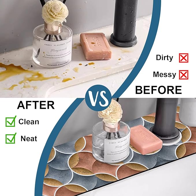 Geometric Printing Sink Splash Guard Faucet Mat Ceramic Tile Texture Super Absorbent Fast Drying Mat Sink Gadgets-Splash Guard Behind Faucet Drip Catcher for Kitchen Bathroom, 23.5"x5.5"