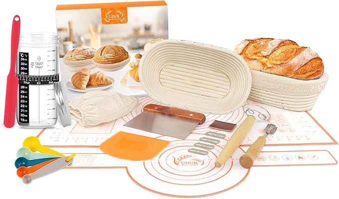 UDUK Sourdough Starter Kit with 2 Oval Banneton Proofing Baskets, 24oz Sourdough Jar, Silicone Pastry Mat, Bread Sling and Essential Tools for Sourdough Bread Making