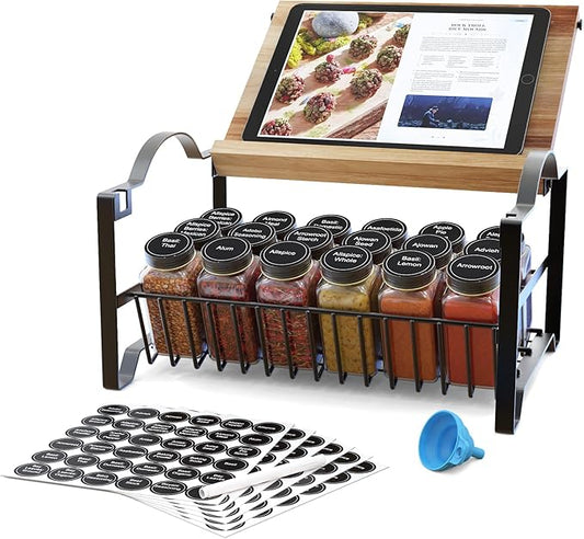 Obswell Kole 3 Tier Spice Rack Organizer with Bamboo Top Tablet Holder, 18 Spice Jars, 422 Spice Labels, and Funnel Set for Kitchen, Cabinet, Countertop, Pantry, Cupboard. Seasoning Organizer Black